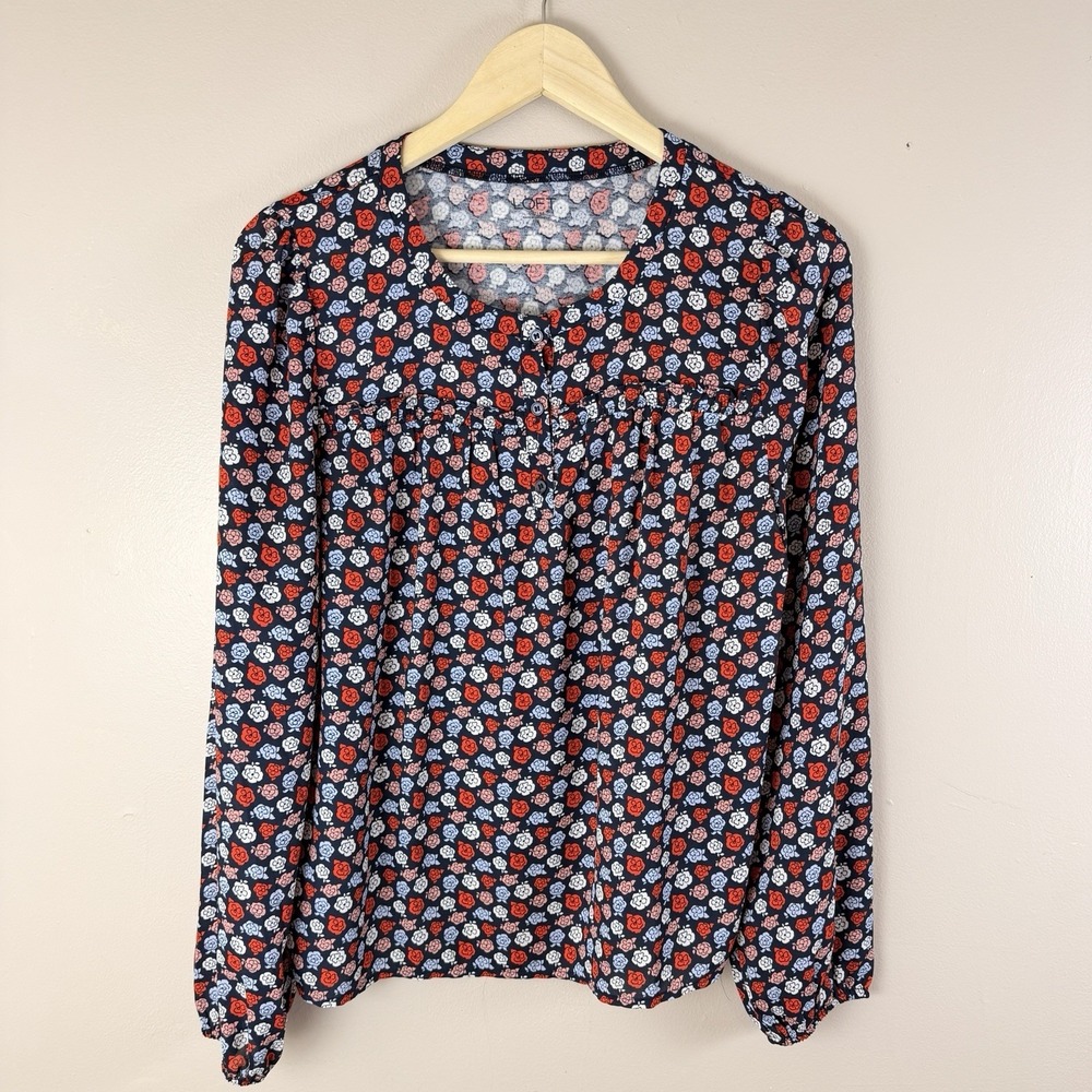 LOFT Outlet Floral Blouse Womens M Navy Red Boho Cottagecore Teacher Modest Top